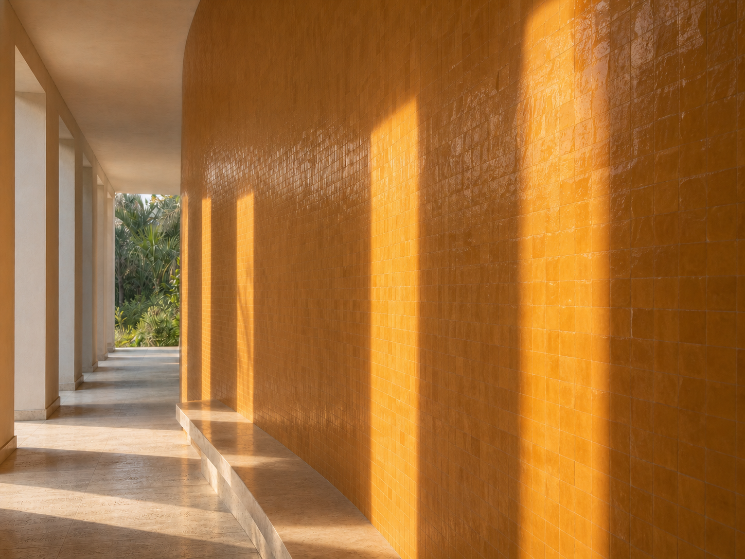 Galerie Solaire, vue latérale du mur courbe en zellij Spice Girl